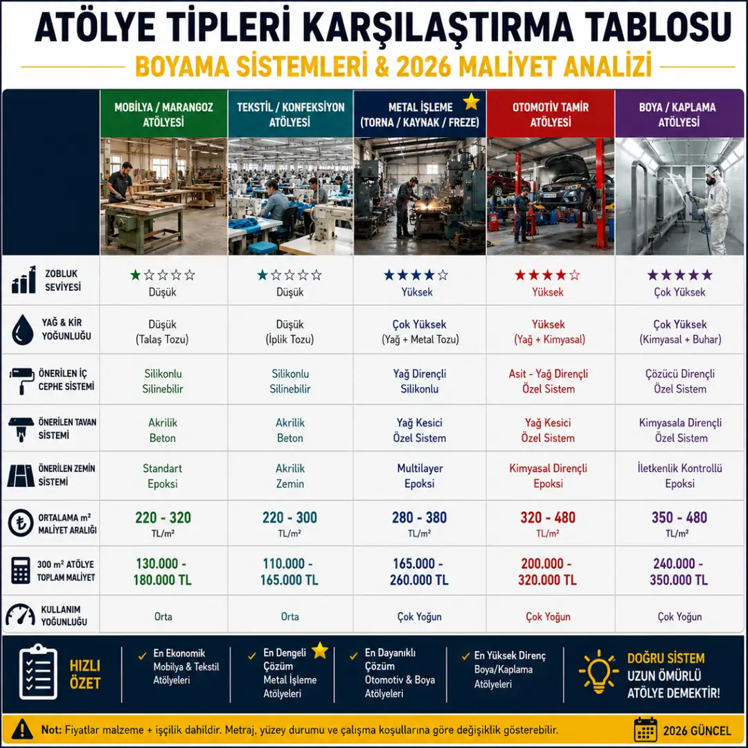 Atölye tiplerine göre boya sistemi ve epoksi zemin maliyet karşılaştırma tablosu&nbsp;
