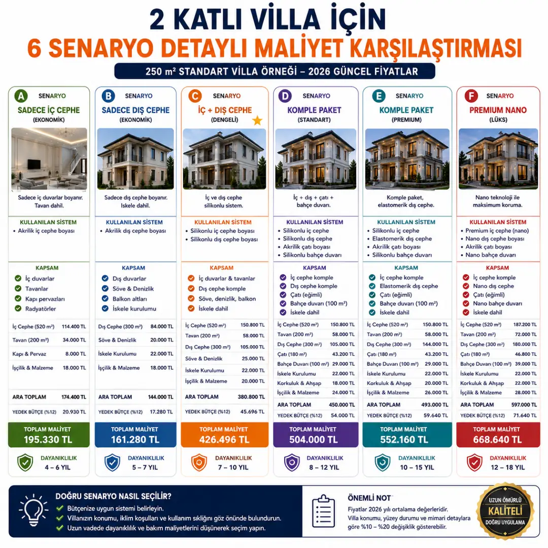 2 katlı villa ekonomik silikonlu elastomerik ve nano boya paket karşılaştırması&nbsp;