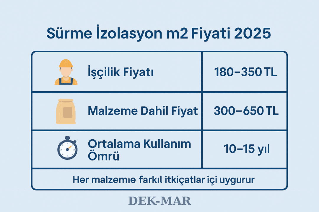 2025 sürme izolasyon m² fiyat tablosu: işçilik, malzeme dahil fiyat ve ortalama kullanım ömrü bilgileri. 