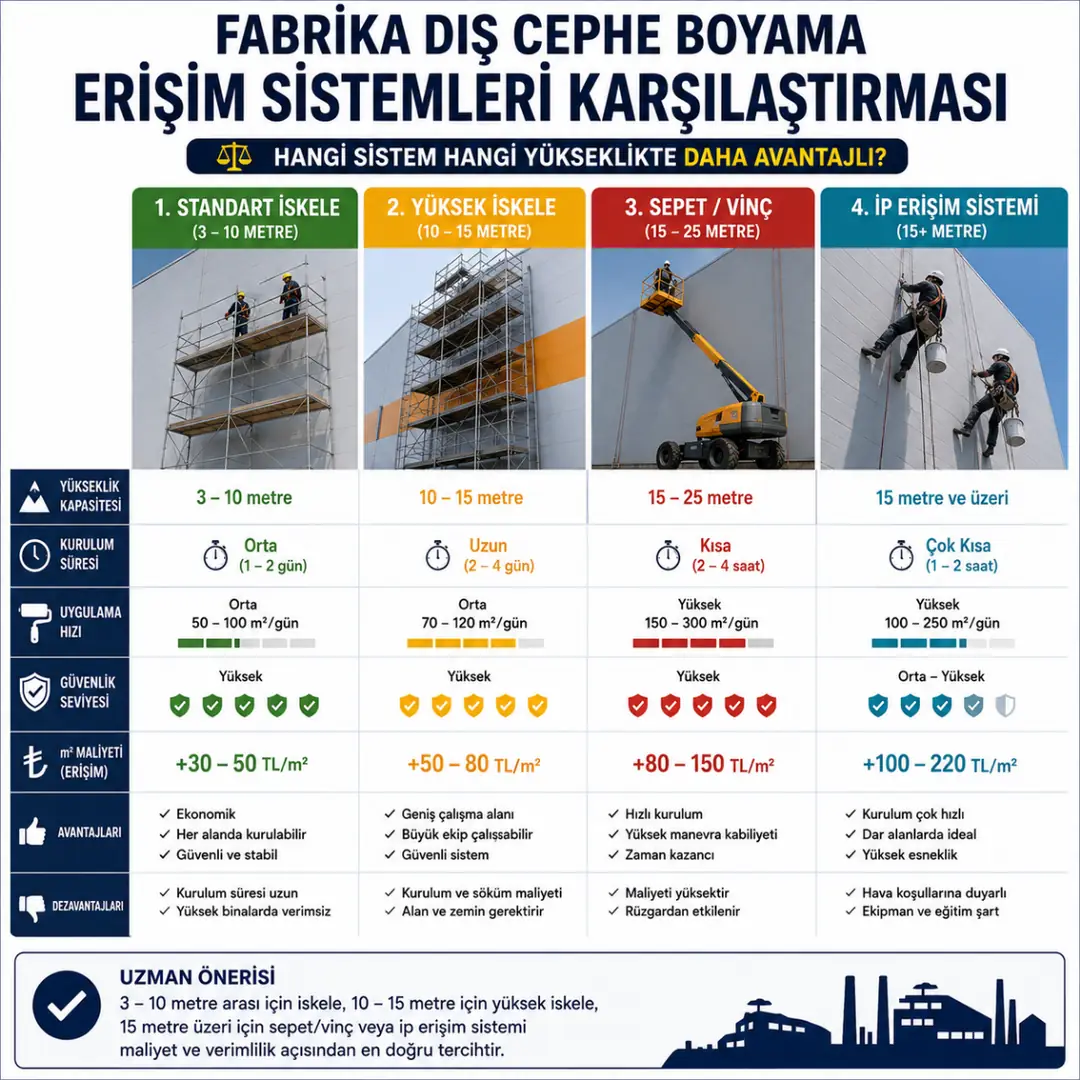 Fabrika dış cephe boyama erişim sistemleri iskele sepet vinç ip erişim karşılaştırması&nbsp;