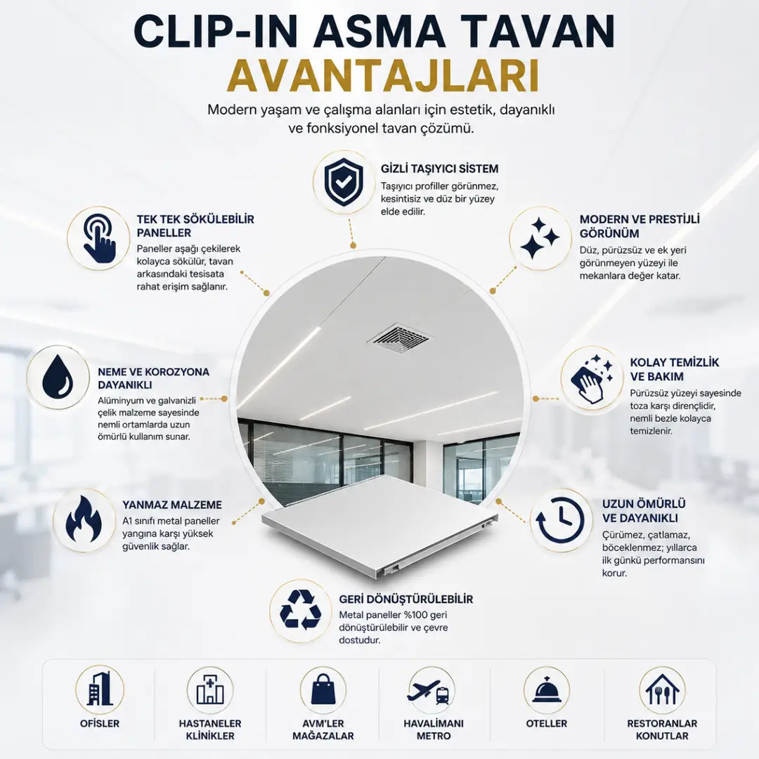 Clip-in asma tavan avantajları; gizli taşıyıcı, sökülebilir panel, A1 yanmaz yapı, nem direnci ve kolay bakım.&nbsp;