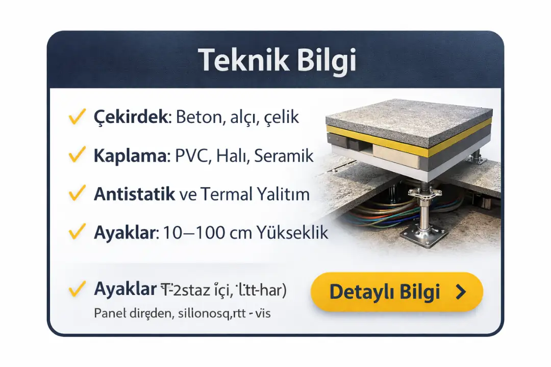 Yükseltilmiş döşeme sistemleri için panel, kaplama, ayak yüksekliği ve antistatik özellikleri gösteren mini teknik bilgi kutusu&nbsp;