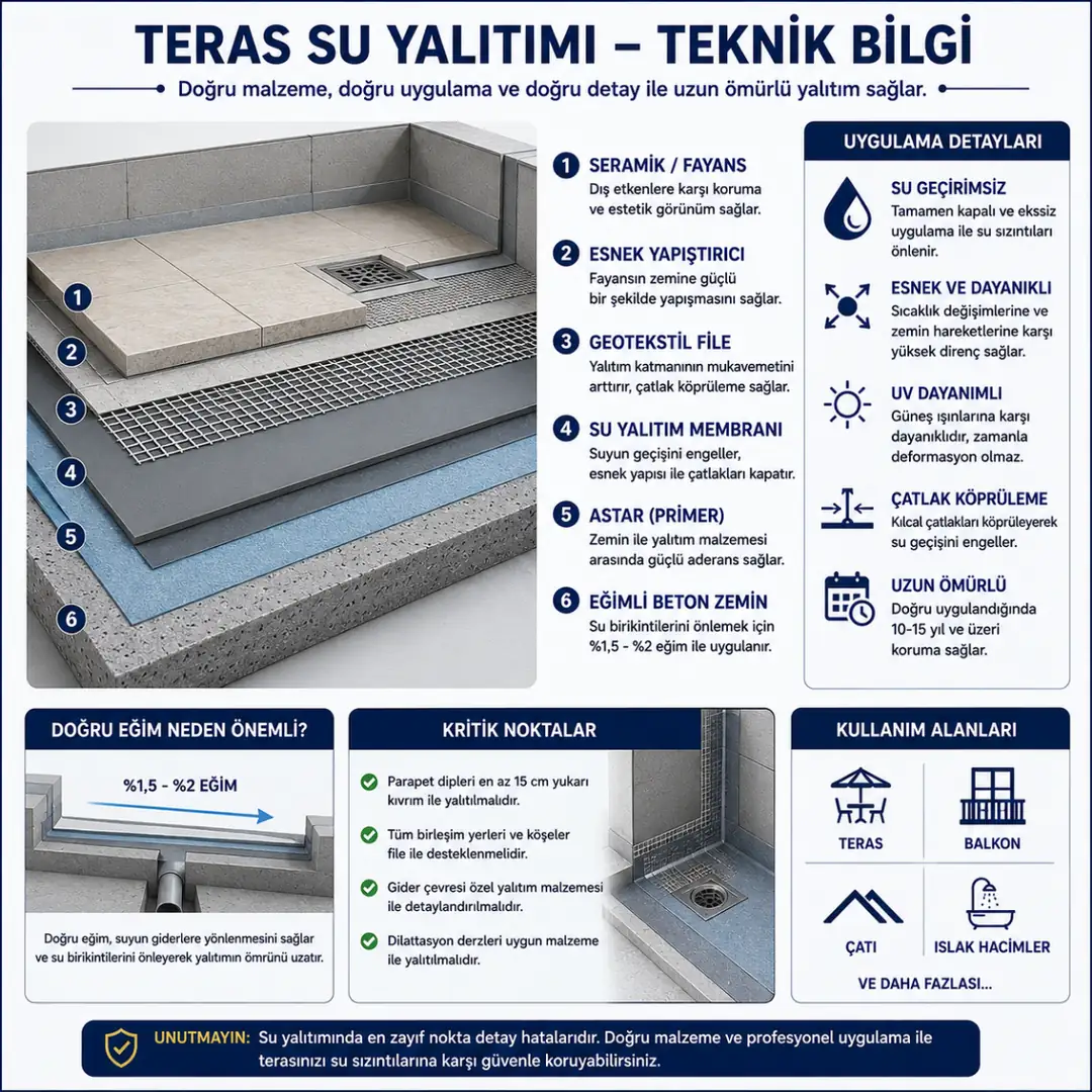 Teras su yalıtımında doğru eğim, geotekstil file, astar ve membran katmanlarını gösteren teknik infografik.&nbsp;