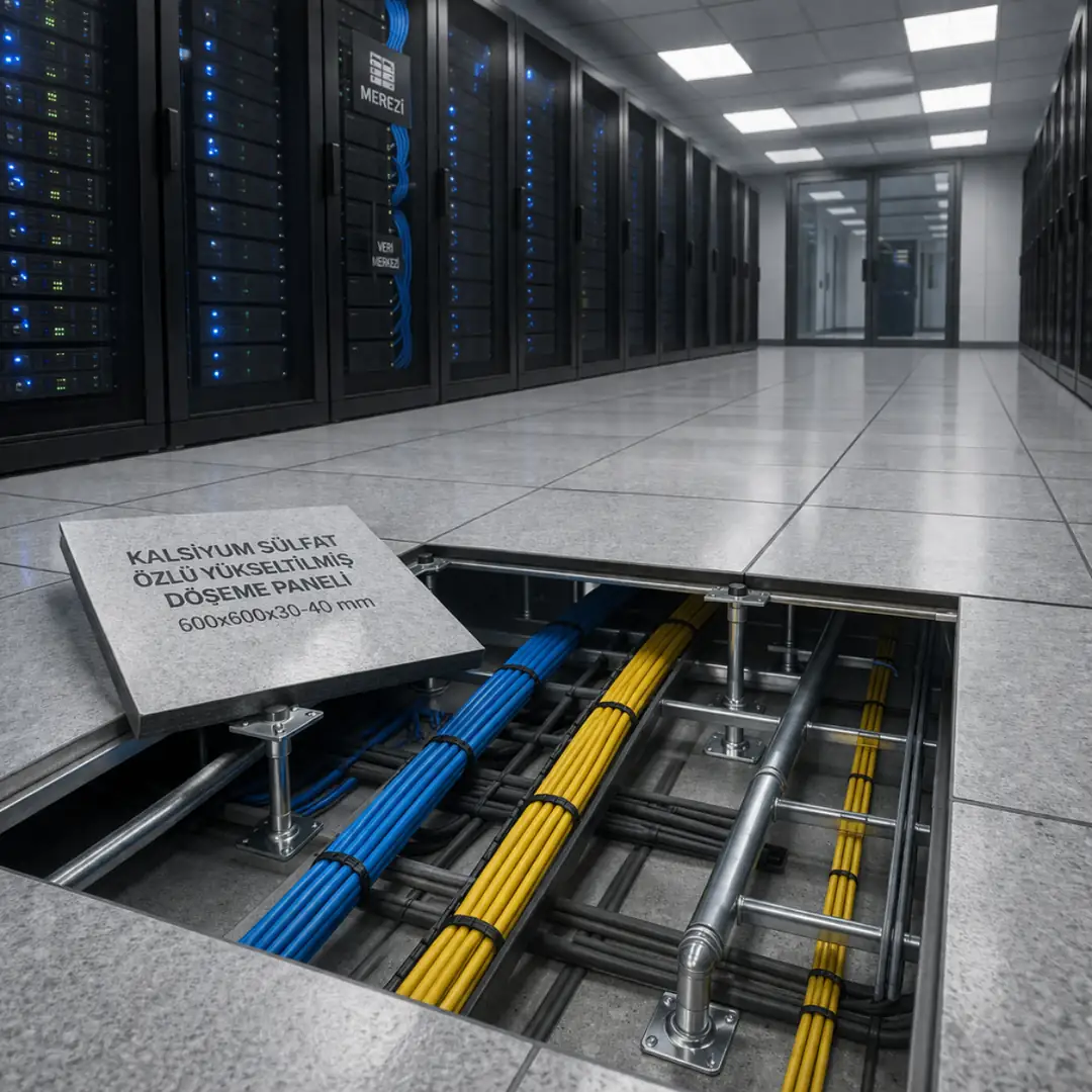 Veri merkezinde kalsiyum sülfat yükseltilmiş döşeme ile kablo yönetimi uygulaması