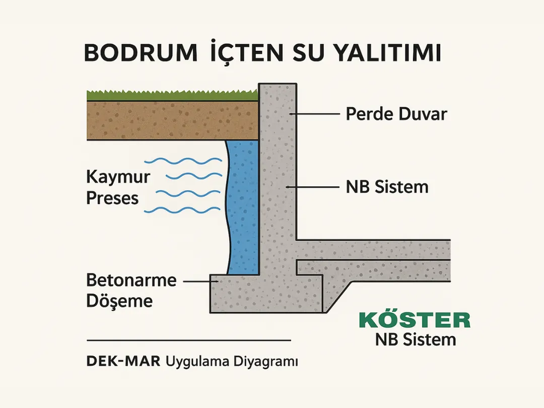 Bodrum içten su yalıtımı teknik kesiti – KÖSTER NB Sistem – Dek-Mar uygulama diyagramı.