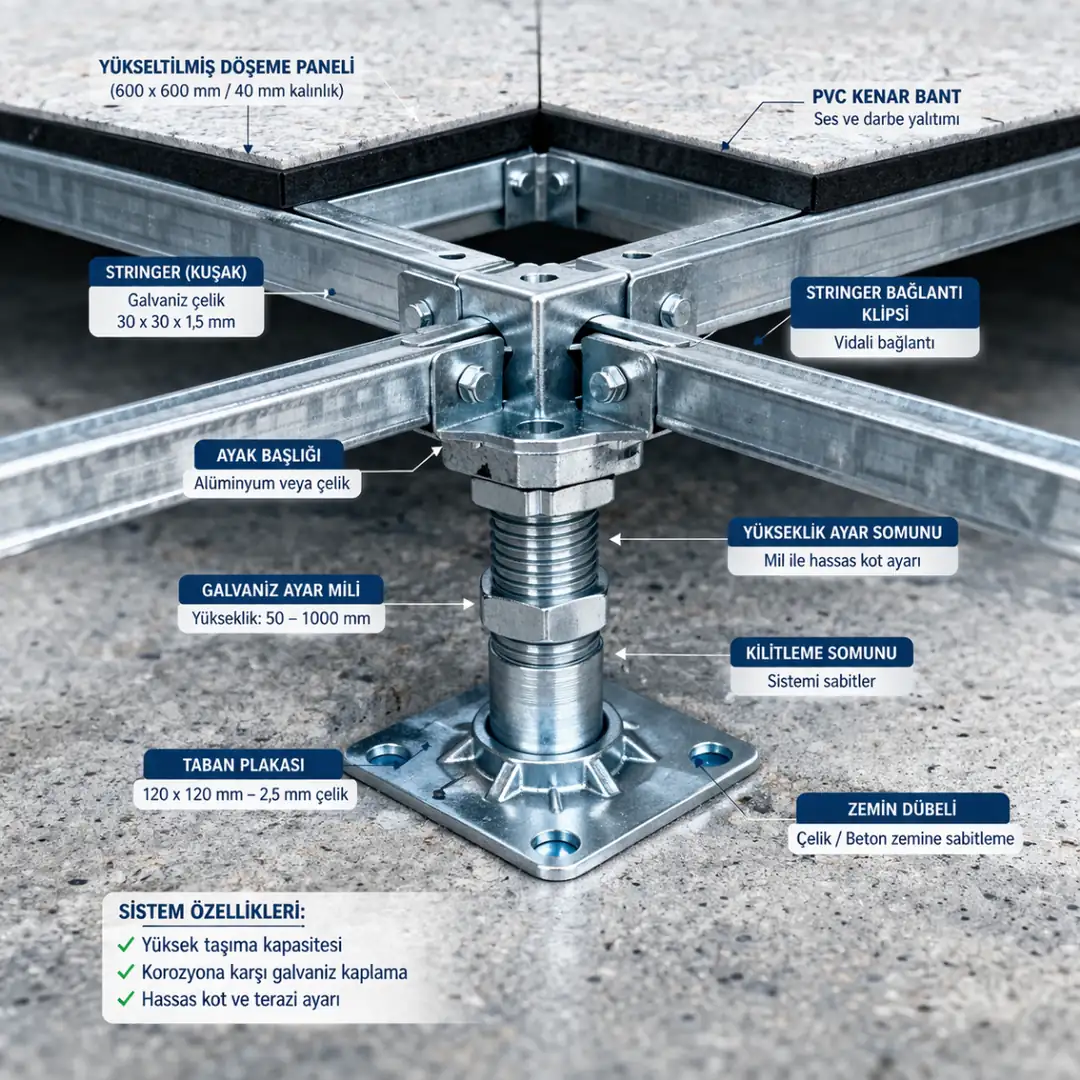 Yükseltilmiş döşeme taşıyıcı ayak sistemi ve stringer bağlantı detaylarını gösteren teknik görsel&nbsp;