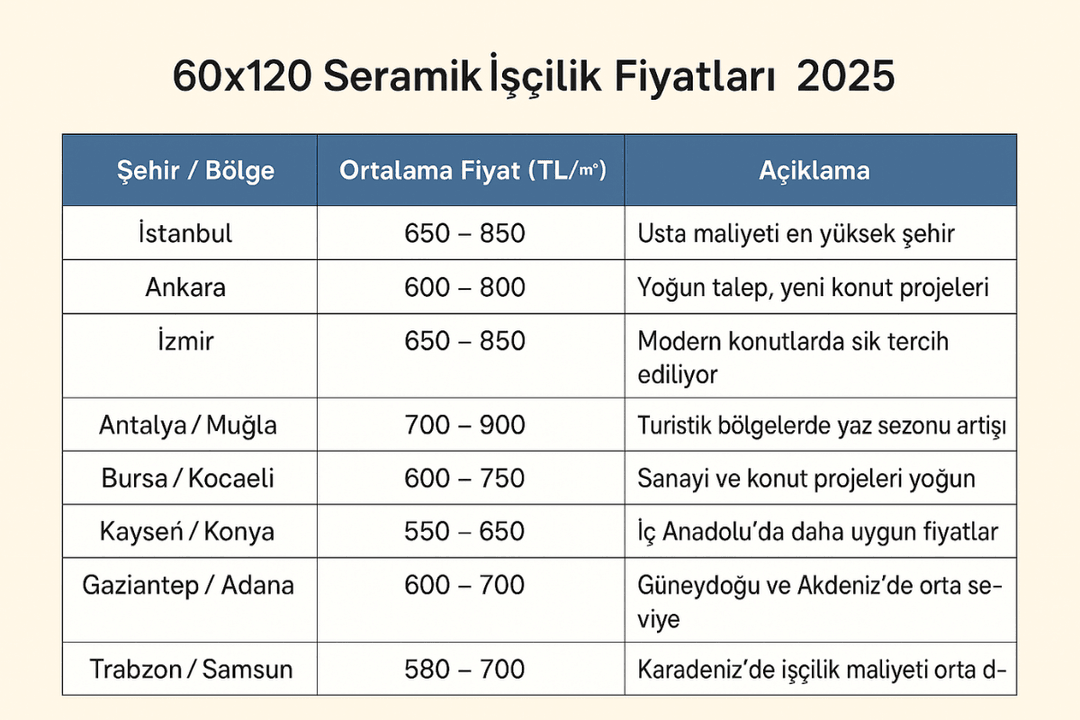 2025 yılı 60x120 seramik işçilik fiyat tablosu – Türkiye genelinde şehir bazlı m² fiyat karşılaştırması. 