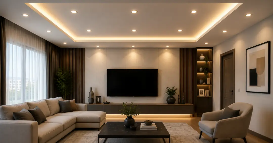 Oturma odasında gömme spot ve gizli LED aydınlatmalı modern alçıpan asma tavan modeli&nbsp;