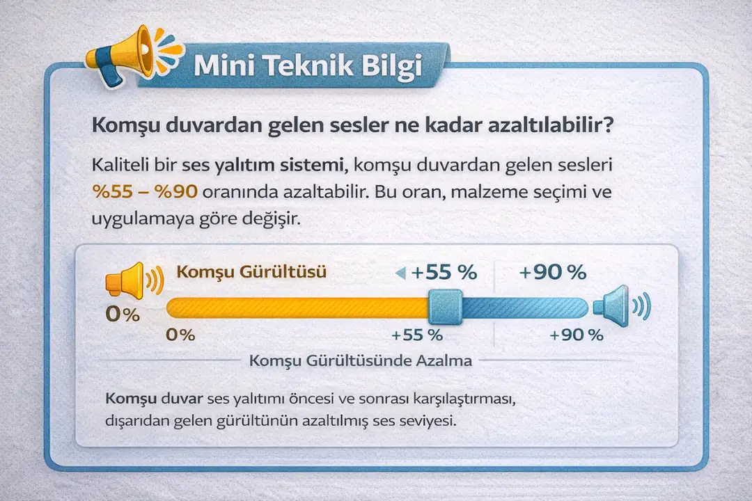 Komşu duvar ses yalıtımı teknik bilgi kutusu, doğru sistemle %55 ile %90 arası ses azaltma performansı