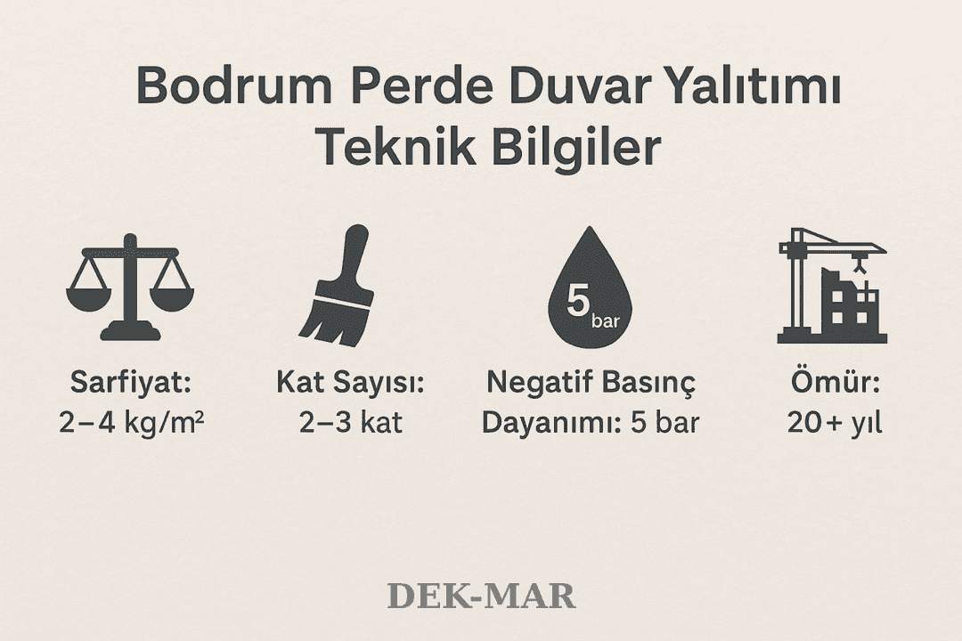 Bodrum perde duvar yalıtımı teknik bilgiler – sarfiyat, kuruma süresi, basınç dayanımı ve ömür değerleri.