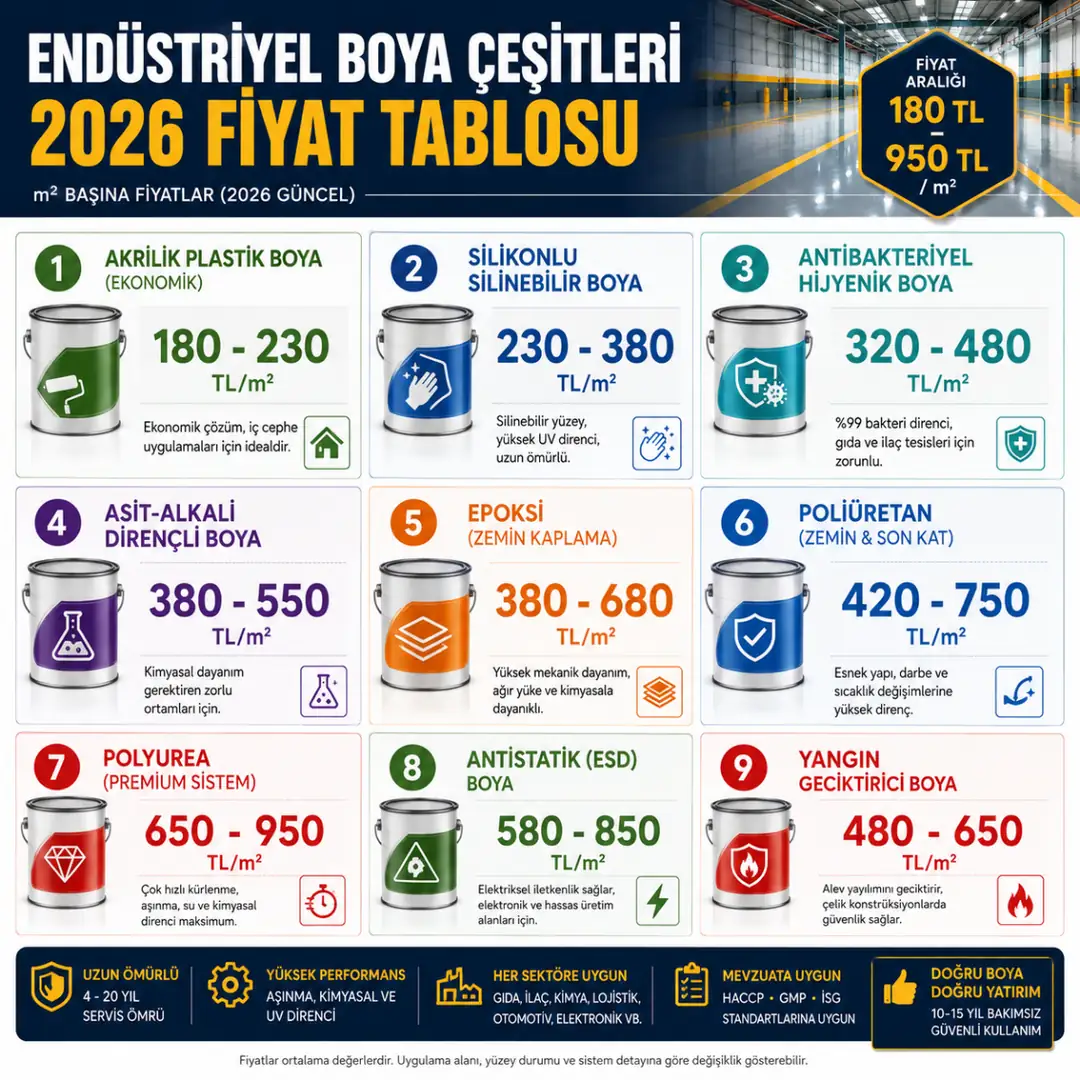 Endüstriyel boya fiyatları 2026 epoksi poliüretan antibakteriyel ESD ve polyurea m2 fiyat tablosu&nbsp;