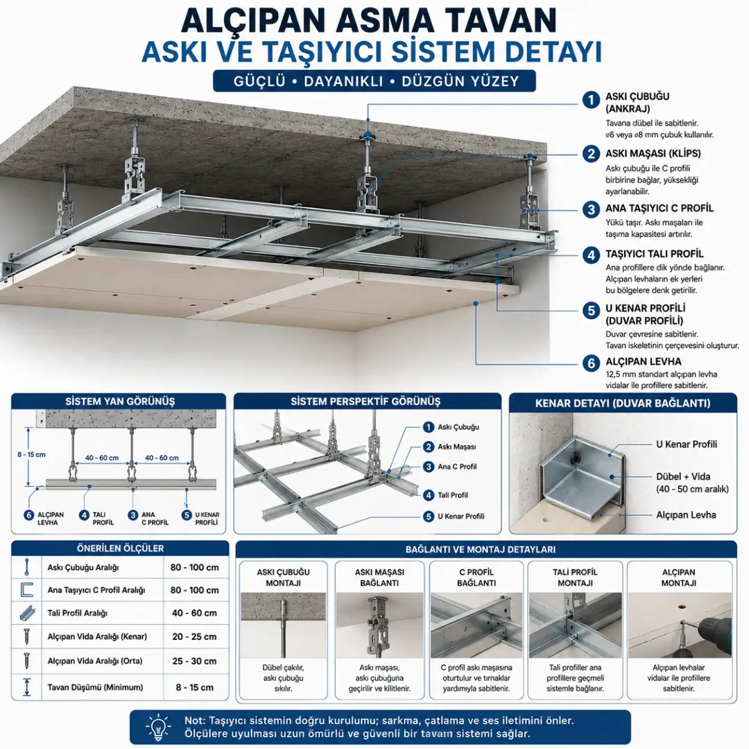 Alçıpan asma tavan askı sistemi ve taşıyıcı profil detayları&nbsp;