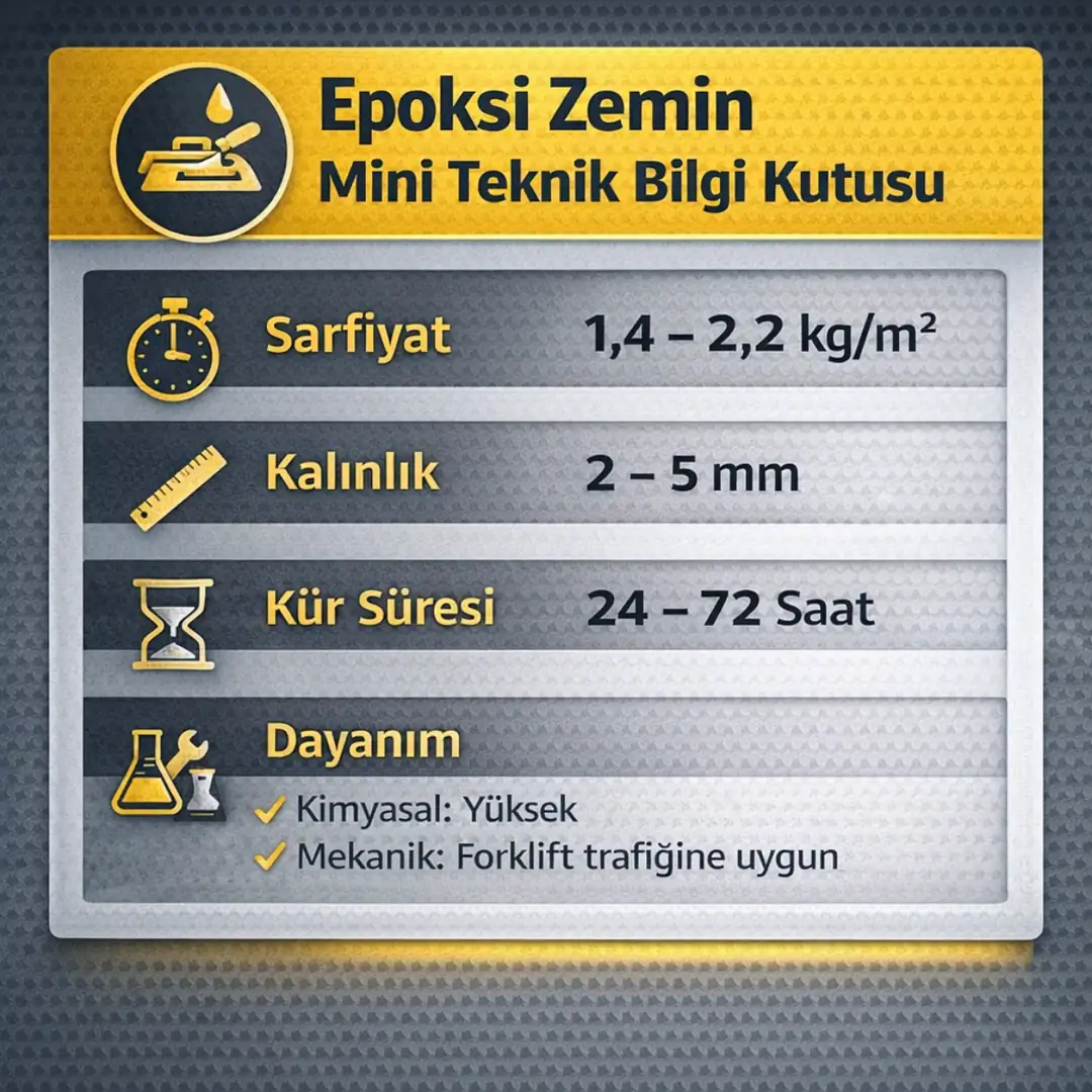 Epoksi zemin teknik özellikleri – sarfiyat, kalınlık ve kür süresi