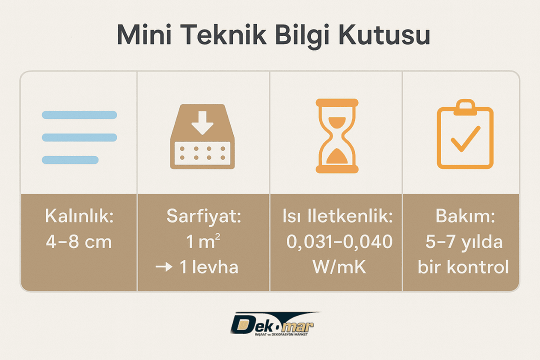 Mantolama teknik bilgiler: kalınlık, sarfiyat, ısı iletkenlik, ömür ve bakım bilgileri. 