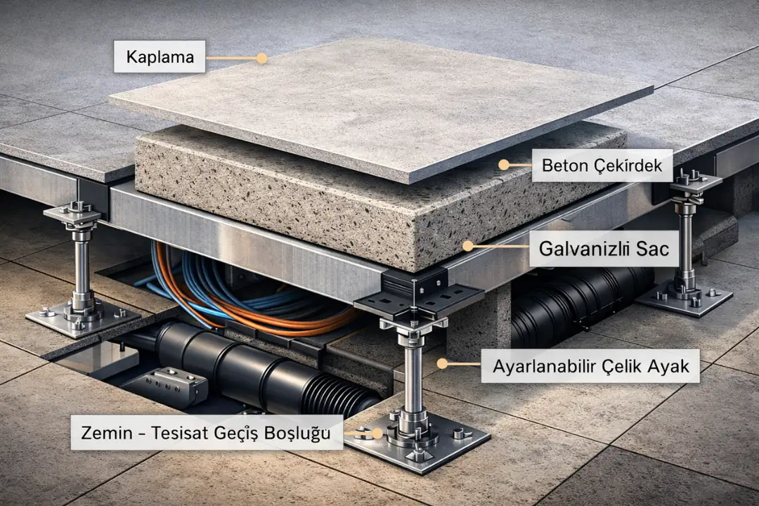 Beton özlü yükseltilmiş döşeme kesiti ve teknik katman yapısı&nbsp;