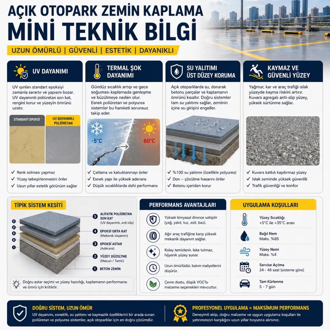 Açık otopark zemin kaplamasında UV dayanımı termal şok su yalıtımı ve kaymaz yüzey bilgisi&nbsp;