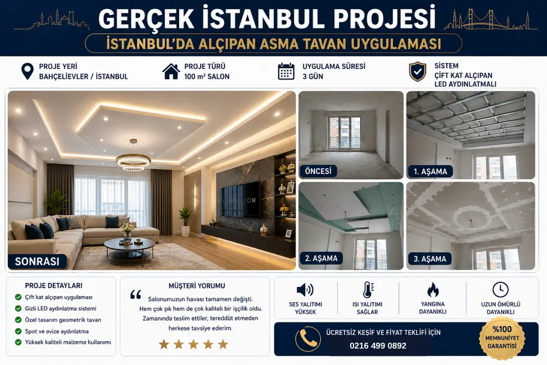 İstanbul'da tamamlanmış alçıpan asma tavan uygulaması&nbsp;