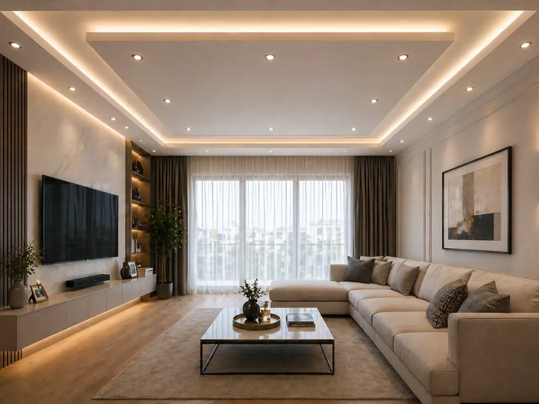 iki katmanlı ledli modern salon asma tavan tasarımı&nbsp;