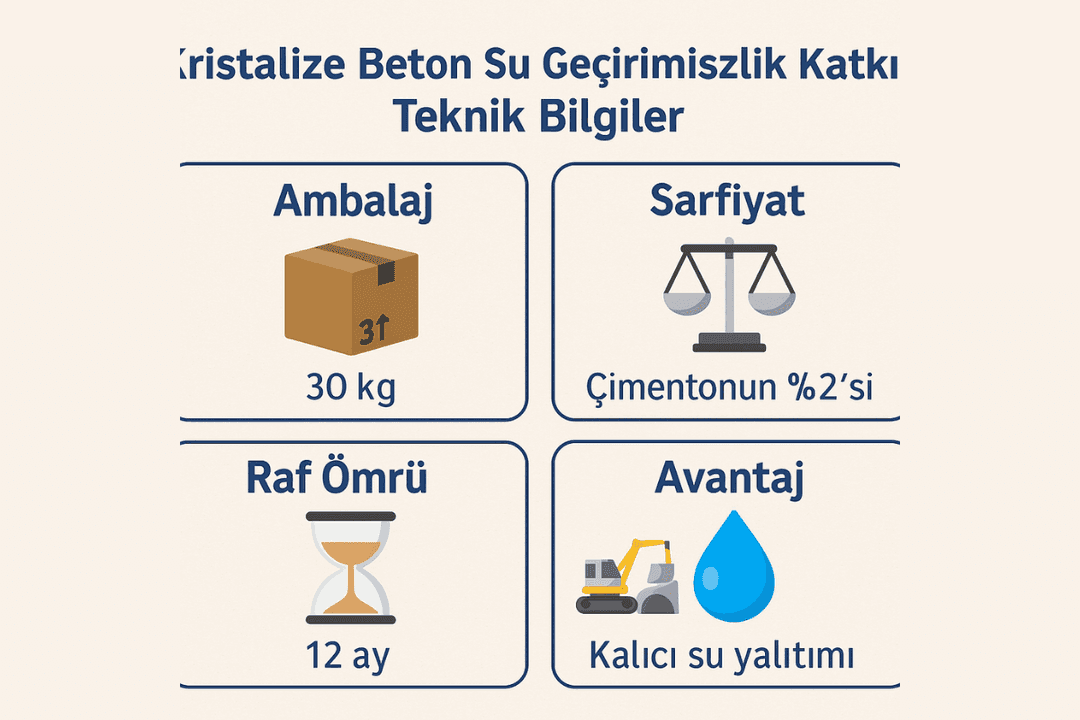 Kristalize beton su geçirimsizlik katkısı teknik bilgiler: ambalaj, sarfiyat, raf ömrü, kullanım alanı ve avantajlar