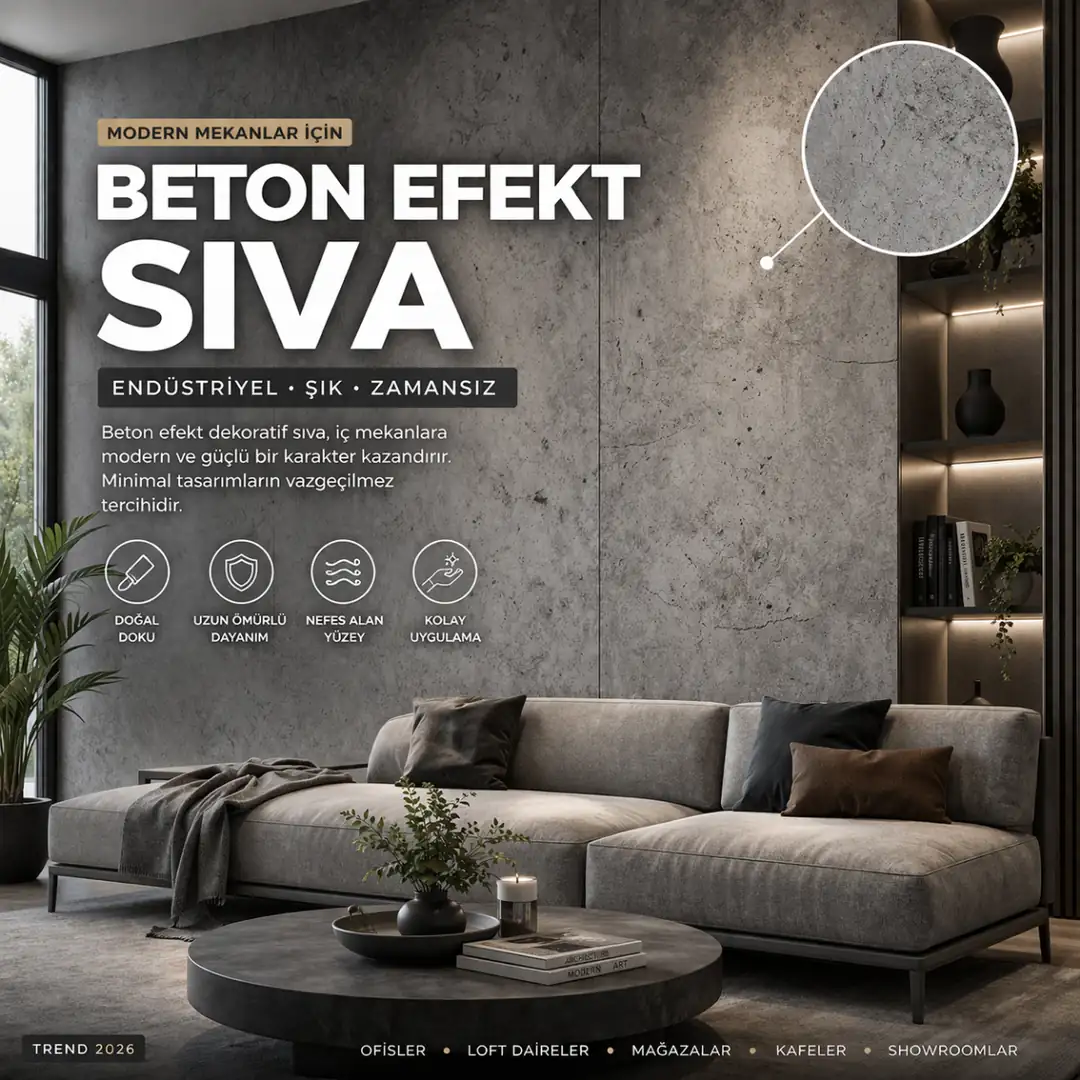 Beton efektli dekoratif sıva modern iç mekan duvar uygulaması