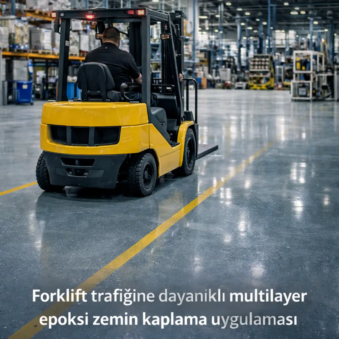 Forklift trafiğine dayanıklı multilayer epoksi zemin kaplama uygulaması