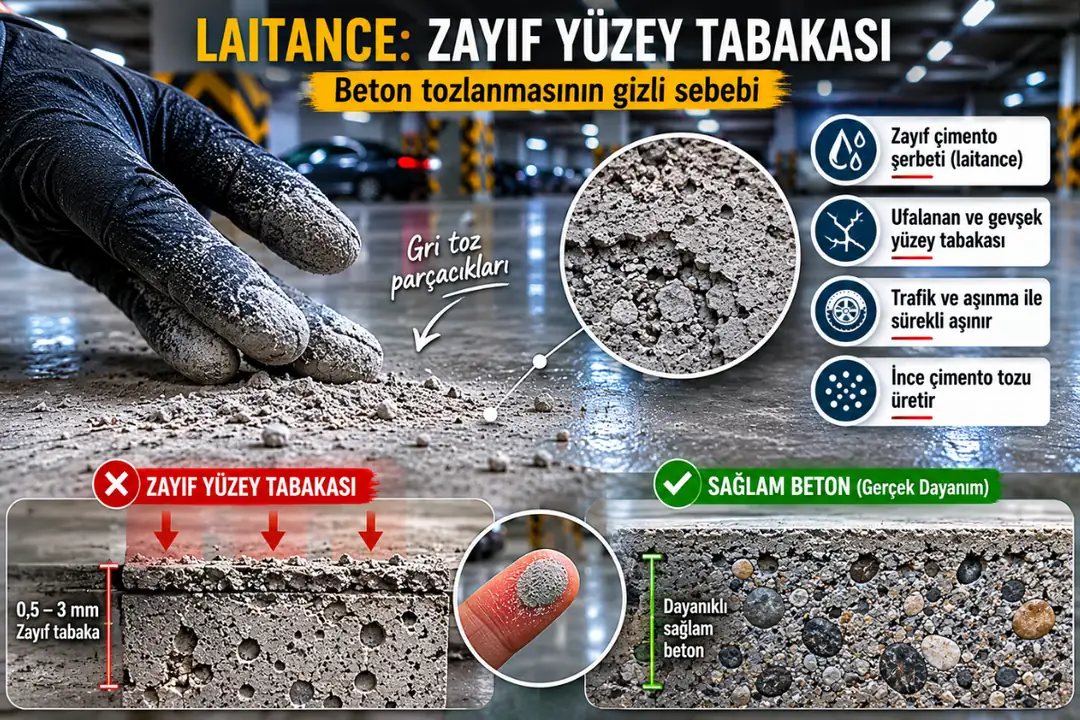 Laitance nedeniyle ufalanan ve toz üreten beton yüzeyi&nbsp;