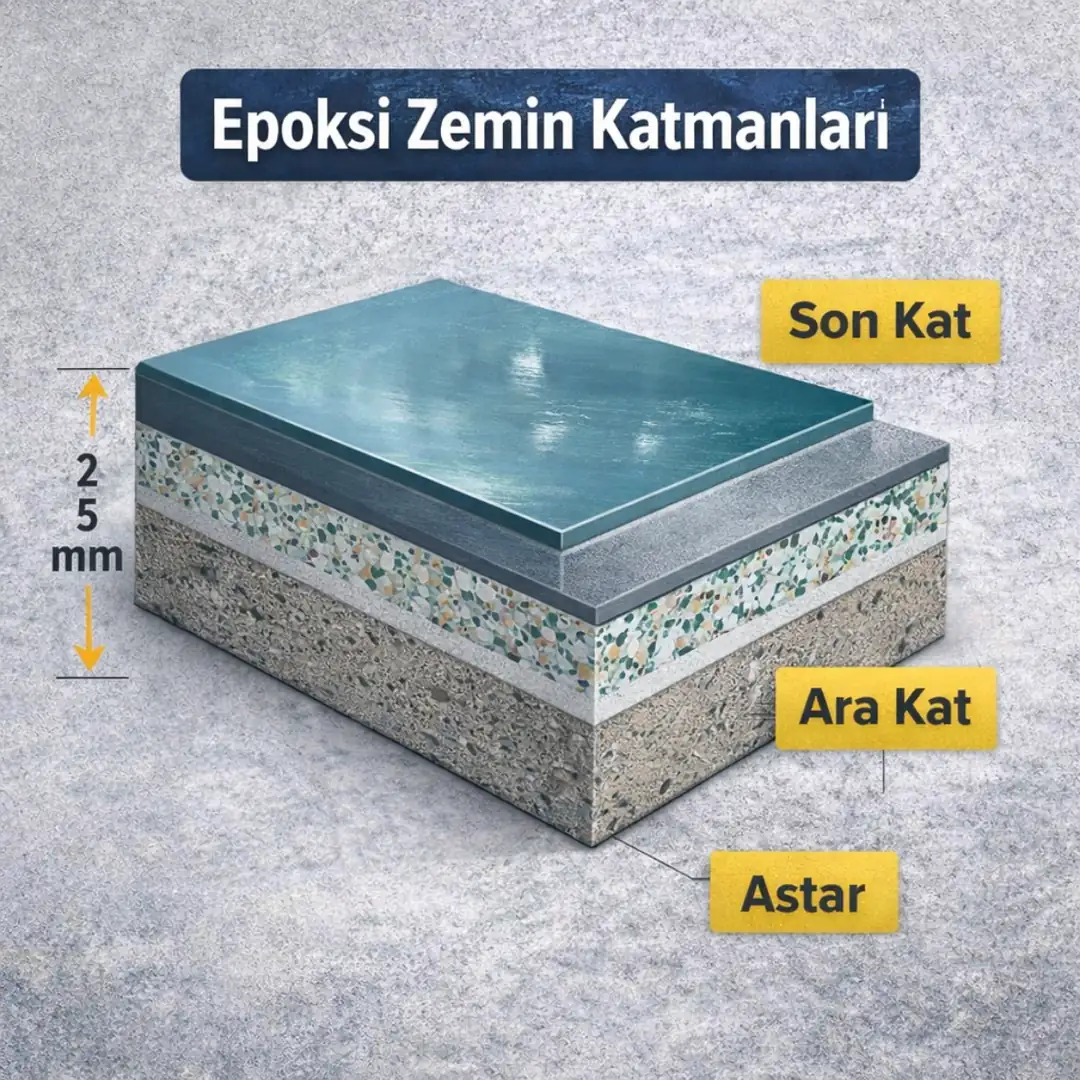 Epoksi zemin kaplama katmanları ve teknik yapısı, astar, ara kat ve son kat uygulama şeması&nbsp;