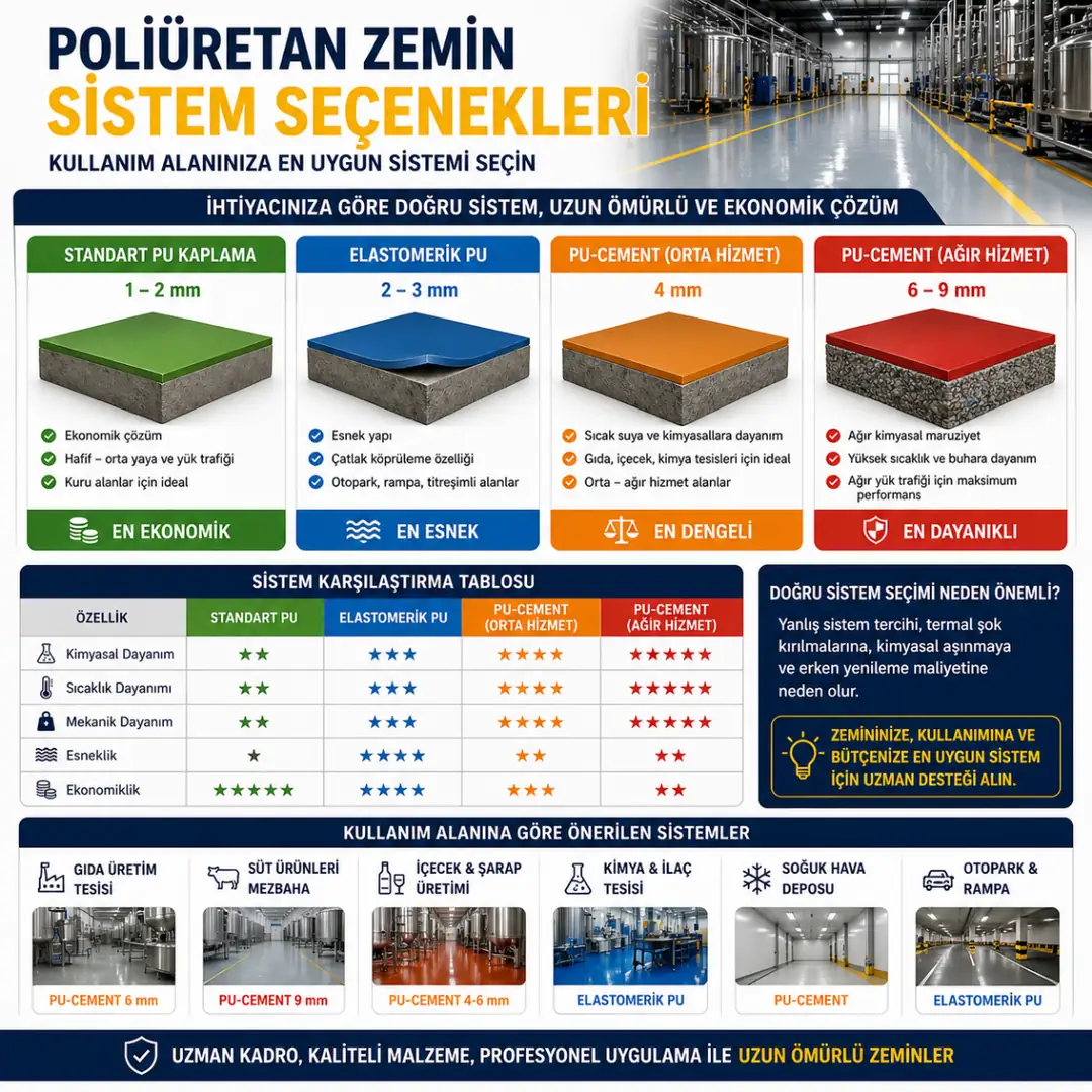 Poliüretan zemin sistem seçimi standart PU elastomerik PU ve PU Cement karşılaştırması&nbsp;