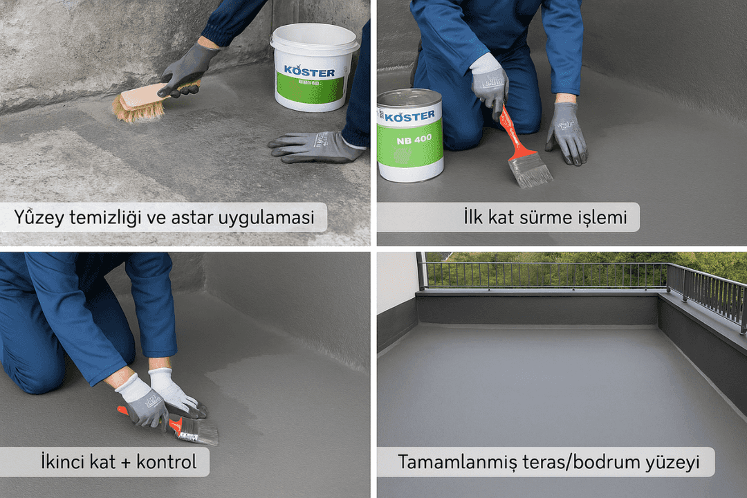 Köster sürme izolasyon uygulama aşamaları – yüzey hazırlığı, kat uygulaması, tamamlanmış izolasyon. 
