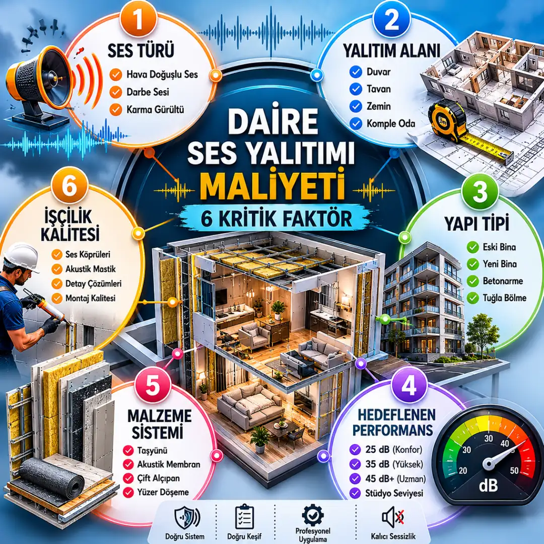 Daire ses yalıtımı maliyetini belirleyen ses türü, alan, yapı tipi, performans hedefi, malzeme ve işçilik faktörleri infografiği.&nbsp;