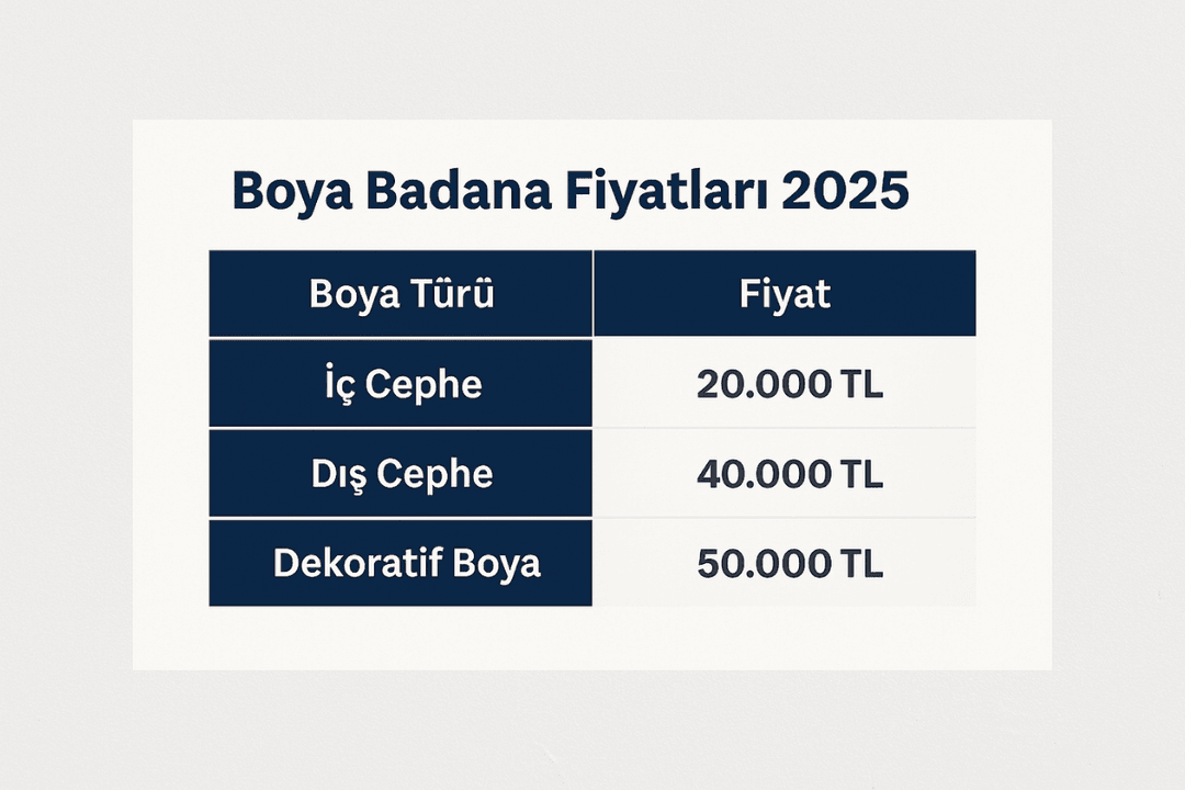 Boya badana fiyat tablosu 2025 – iç cephe, dış cephe, dekoratif boya karşılaştırması.