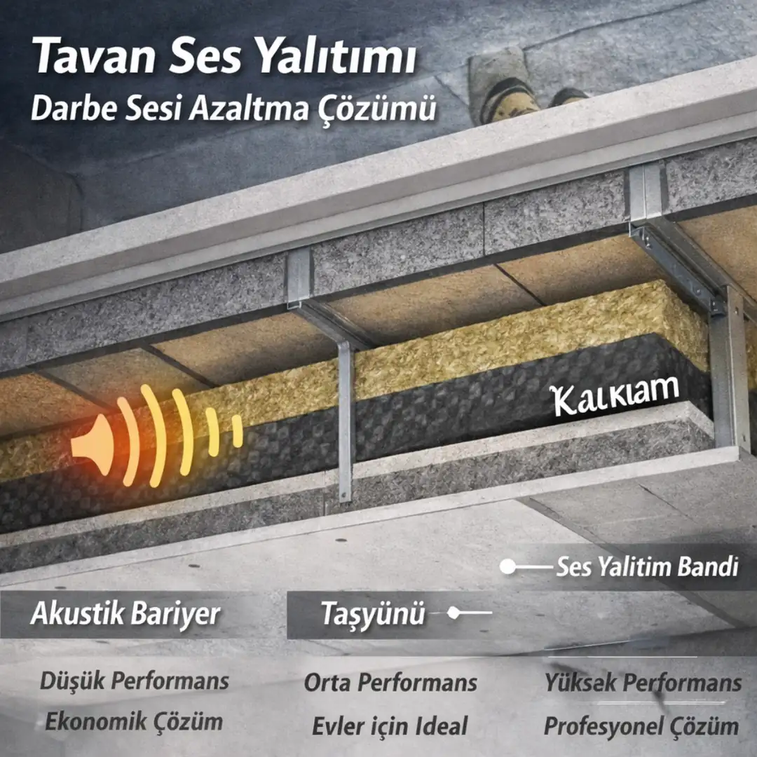 Tavan ses yalıtımı karkas sistem ile darbe sesi azaltma uygulaması üst kat gürültü kesme çözümü ve katmanlı yapı detayı&nbsp;
