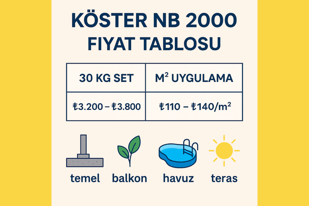 Köster NB 2000 fiyat tablosu 2025 – ambalaj seti ve m2 uygulama maliyetleri. 