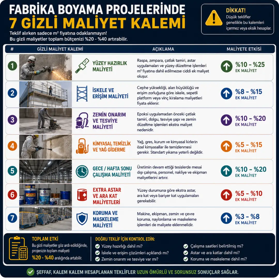 Fabrika boyama gizli maliyetleri iskele yüzey hazırlığı gece çalışması ve kimyasal temizlik&nbsp;