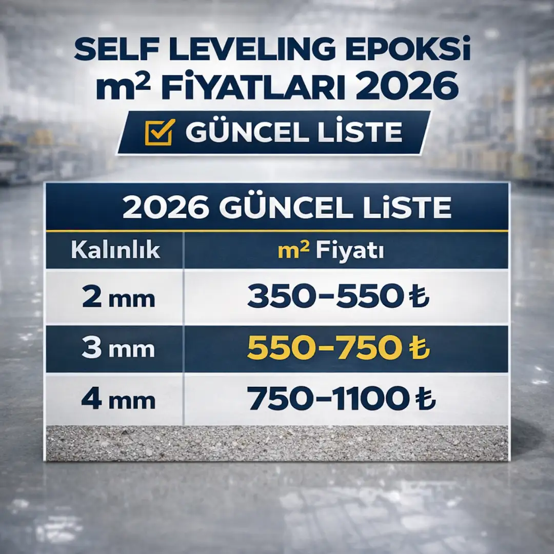 Self leveling epoksi m2 fiyatları 2026 güncel liste kalınlığa göre epoksi zemin maliyet tablosu