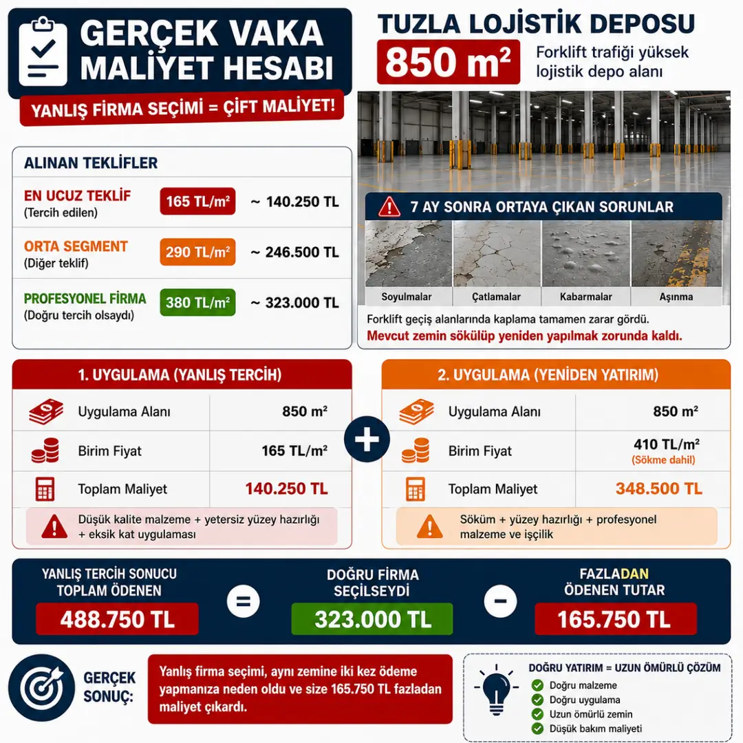 Yanlış epoksi firma seçimi sonrası iki kez ödeme yapılan maliyet örneği&nbsp;
