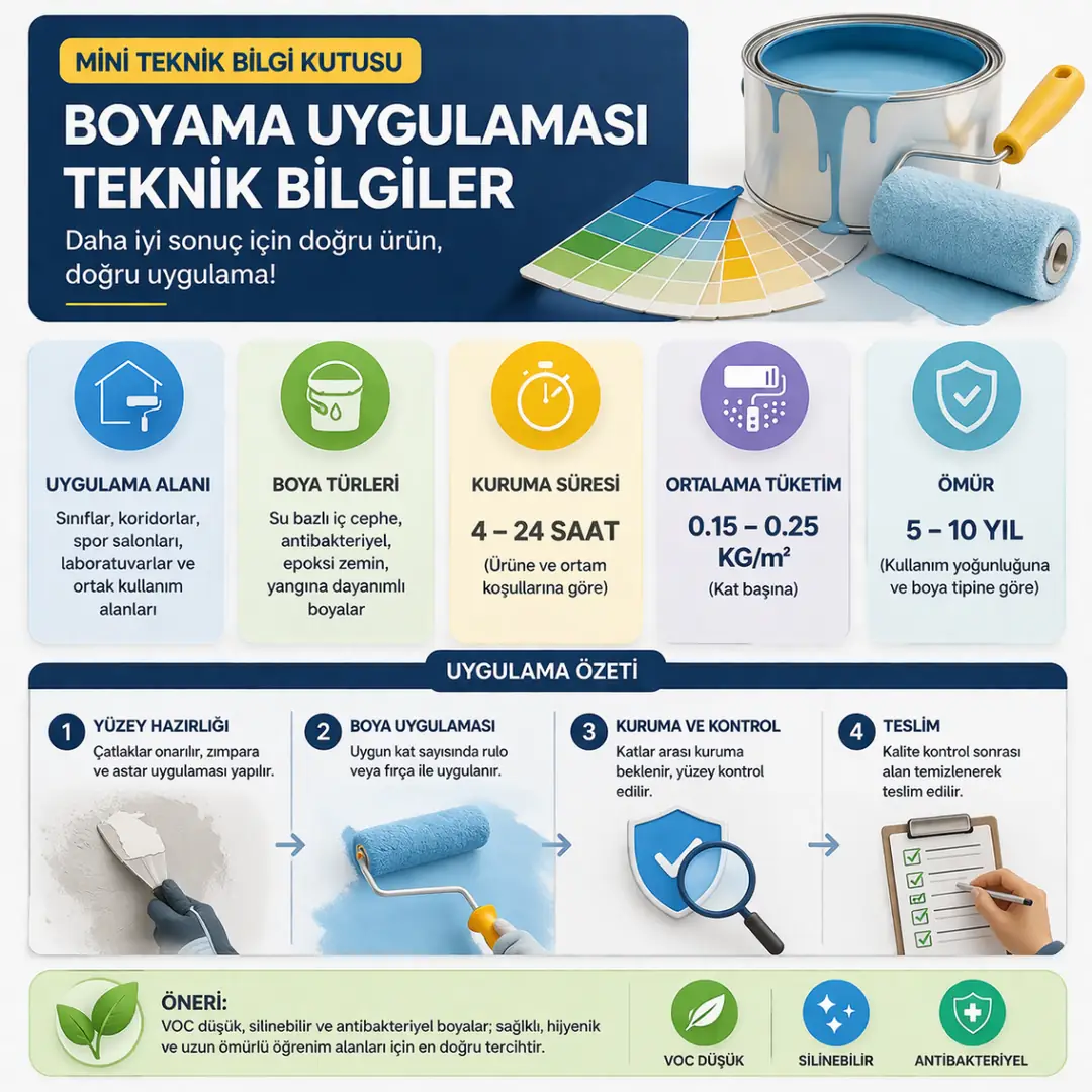 Okul boyama uygulamalarında teknik bilgiler tüketim, kuruma süresi ve dayanım