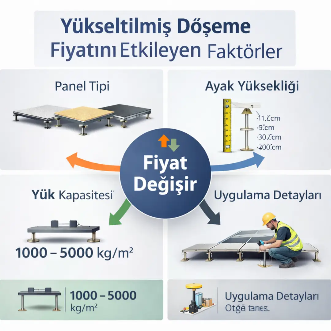 Yükseltilmiş döşeme fiyatını etkileyen faktörler panel tipi yük kapasitesi ayak yüksekliği ve uygulama detayları
