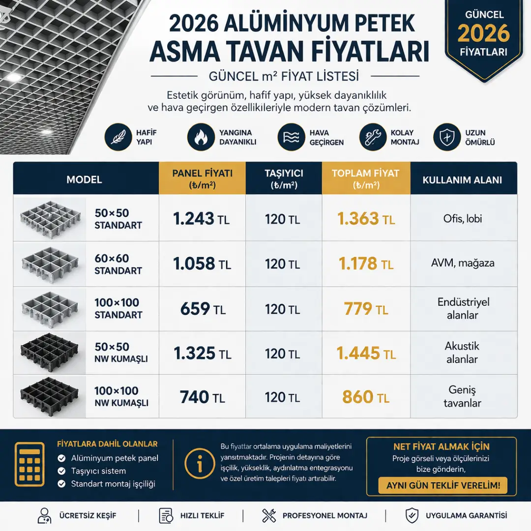 Alüminyum petek asma tavan m2 fiyatları 2026, 50x50 60x60 100x100 modeller için güncel fiyat tablosu ve kullanım alanlarına göre detaylı liste
