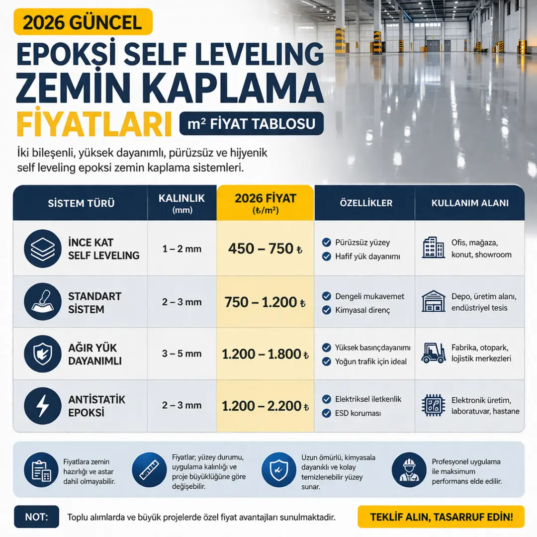 Epoksi self leveling zemin kaplama 2026 metrekare fiyat tablosu&nbsp;