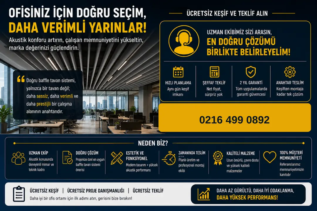 Modern açık ofiste tamamlanmış akustik baffle tavan uygulaması&nbsp;