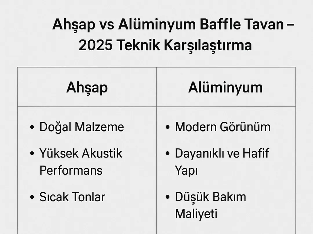 Ahşap ve alüminyum baffle tavan farkları – malzeme, akustik, dayanıklılık ve fiyat karşılaştırma tablosu – Dek-Mar 2025
