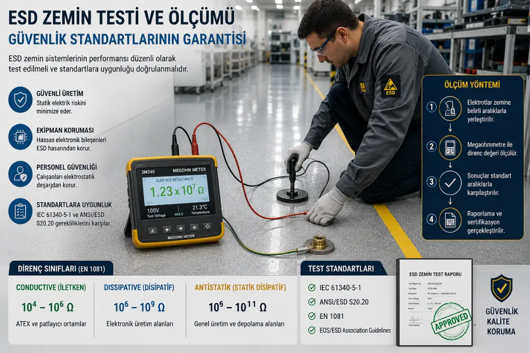 Megaohmmetre ile antistatik epoksi zemin direnç testi