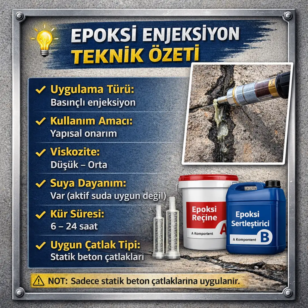 Beton çatlakları için epoksi teknik bilgileri – uygulama türü, kür süresi, dayanım ve uygun çatlak tipleri&nbsp;