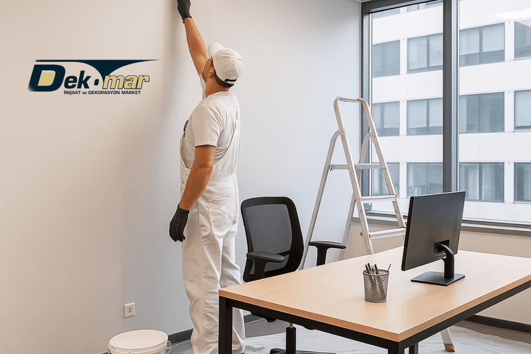 Şişli Boyacı ustası, modern bir ofis iç mekânında açık renk boyayla profesyonel ve temiz bir iç cephe uygulaması yapıyor. 
