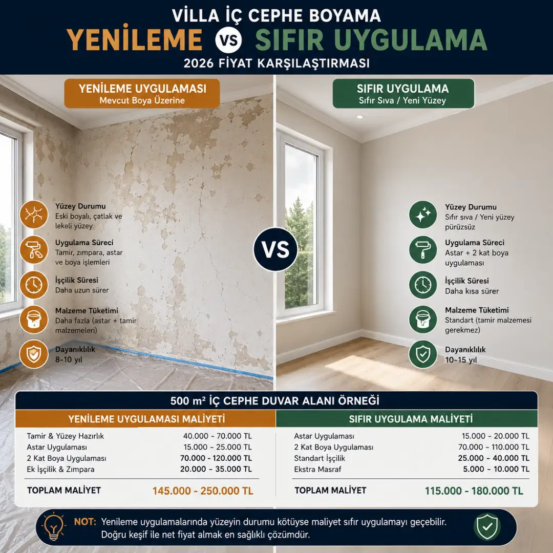 Villa yenileme boya uygulaması ile sıfır uygulama maliyet farkı karşılaştırması&nbsp;