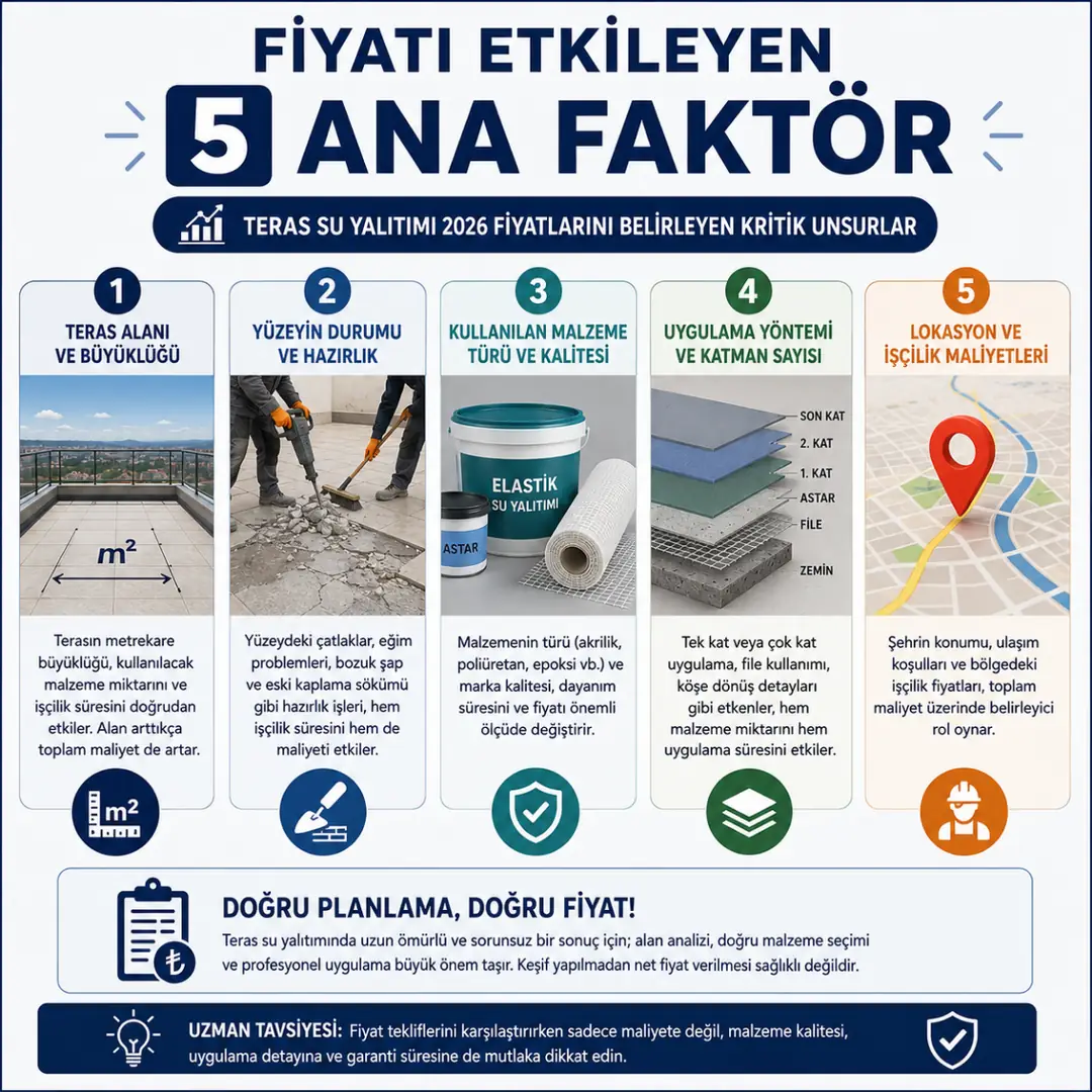 Teras su yalıtımı fiyatlarını etkileyen metraj, malzeme, işçilik, zemin durumu ve file takviyesi faktörleri.&nbsp;