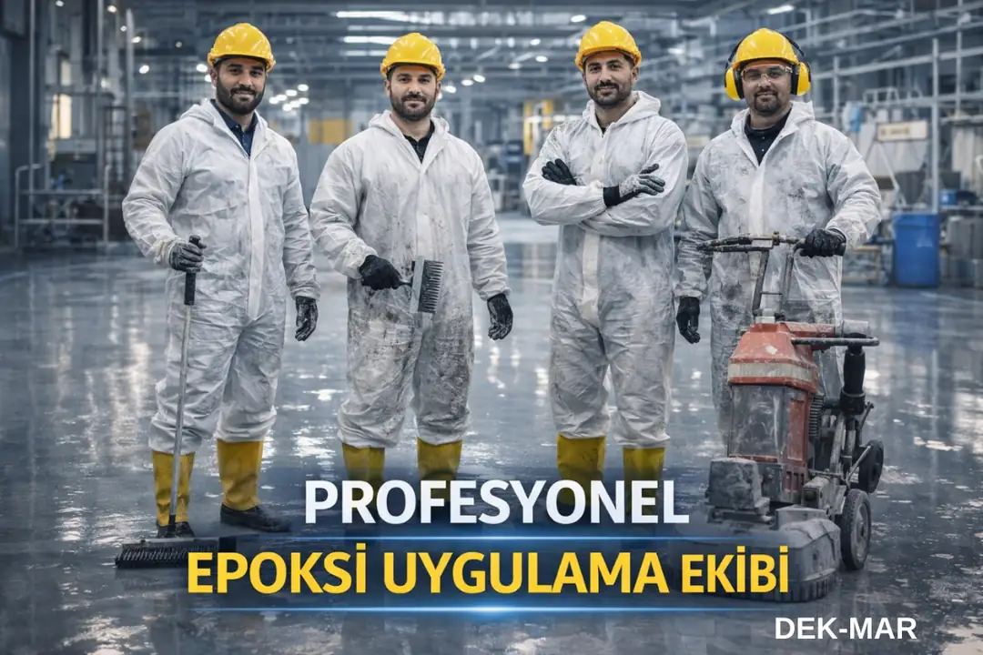 Self leveling epoksi zemin kaplama uygulamasını gerçekleştiren profesyonel ekip ve endüstriyel şantiye sahnesi.&nbsp;