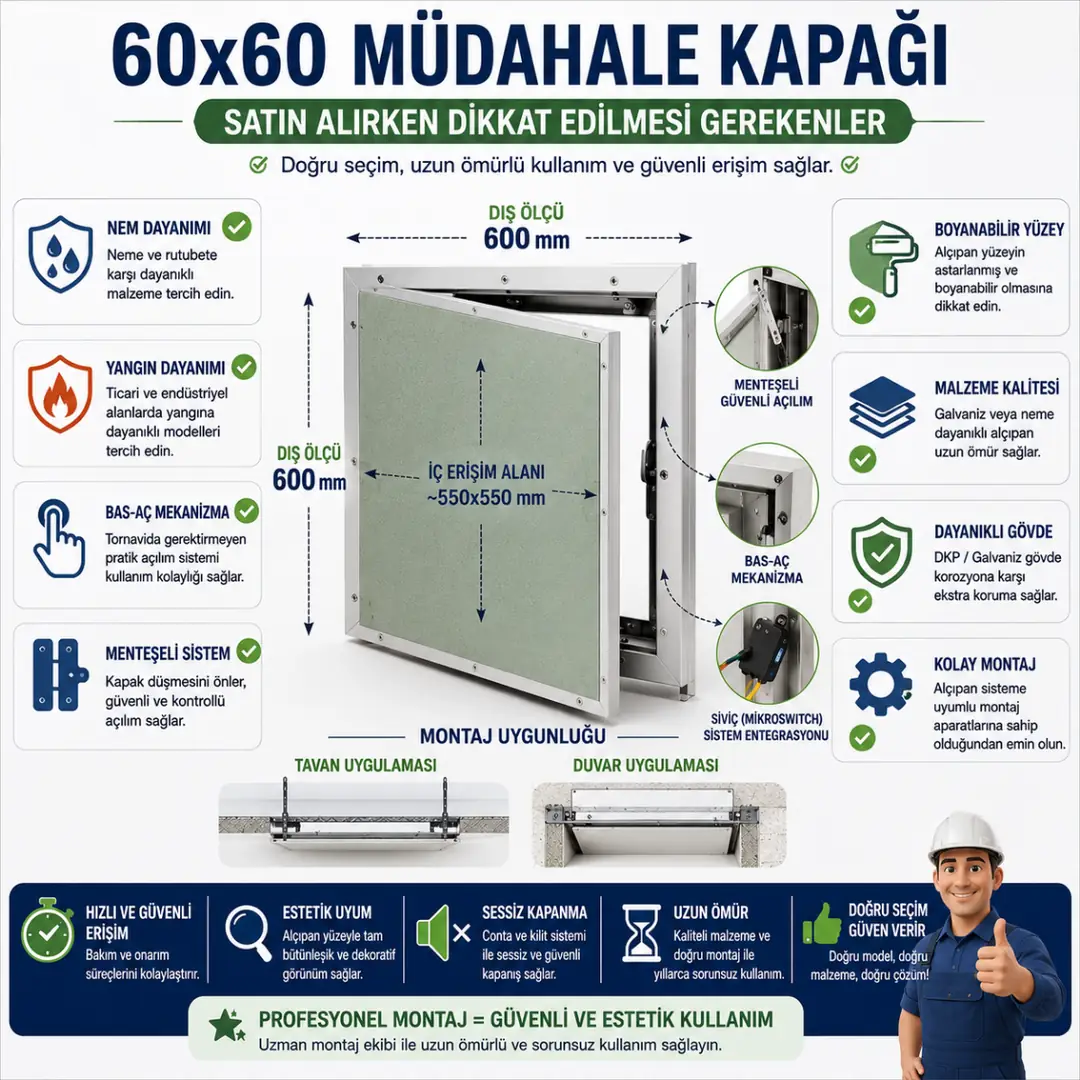60x60 müdahale kapağı modellerinin karşılaştırıldığı ekonomik alçıpan BAS-AÇ metal ve akustik kapak seçeneklerini gösteren infografik&nbsp;