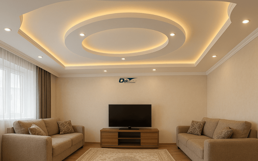 LED aydınlatmalı oval desenli salon alçıpan asma tavan modeli, modern ve estetik iç mekân dekorasyonu örneği.